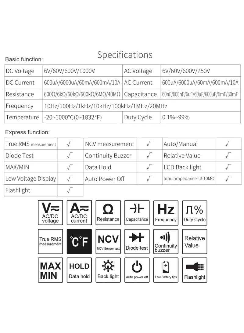 Pocket Digital Multimeter Auto Range Electrical Tester For AC / DC, Voltage, Current, & Temperature Measurement.