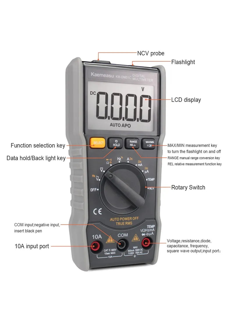 Pocket Digital Multimeter Auto Range Electrical Tester For AC / DC, Voltage, Current, & Temperature Measurement.